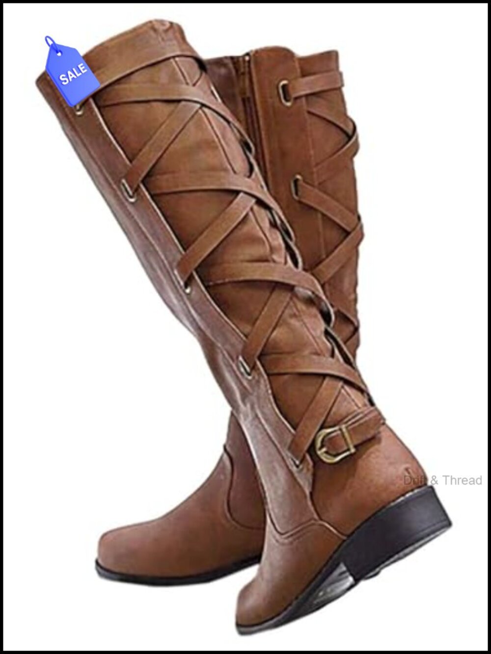 Syktkmx Womens Strappy Motorcycle Knee High Boots Winter Lace Up Riding Flat